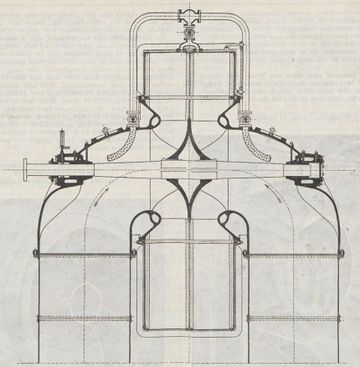 Technische tekening van één van de centrifugaalpompen, dwarsdoorsnede