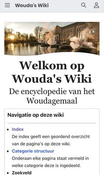 Screenshot van de hoofdpagina van Wouda's Wiki in de mobiele weergave