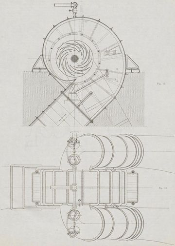 Technische tekening van één van de centrifugaalpompen, langsdoorsnede en bovenaanzicht